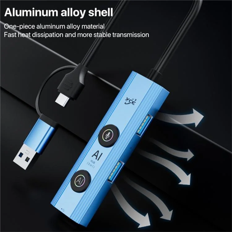 YCE V295B 5 in 1 USB 3.0 / Type-C Dual Head Hub Multifunctional Voice Recognition Smart AI Expansion Dock - Blue