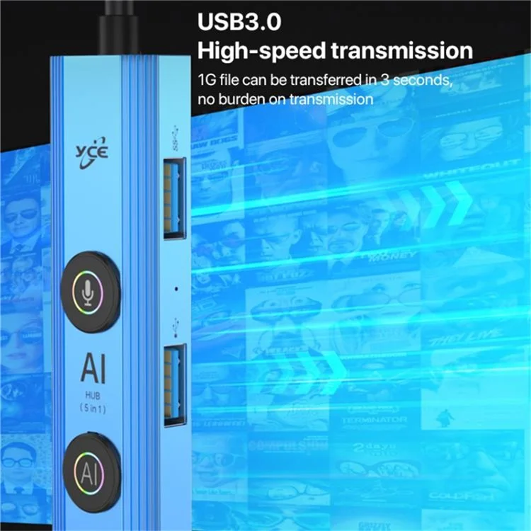 YCE V295B 5 in 1 USB 3.0 / Type-C Dual Head Hub Multifunctional Voice Recognition Smart AI Expansion Dock - Blue