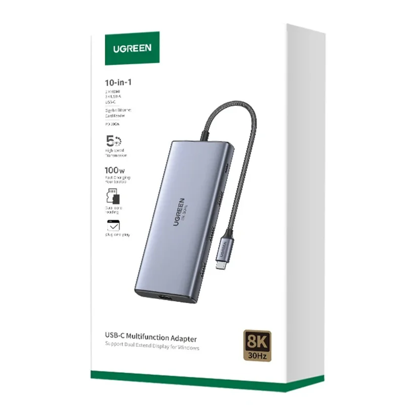 UGREEN 15534 USB-C Hub 8K / 4K HD RJ45 USB 3.0 PD 100W 10 in 1 Aluminum Alloy Adapter