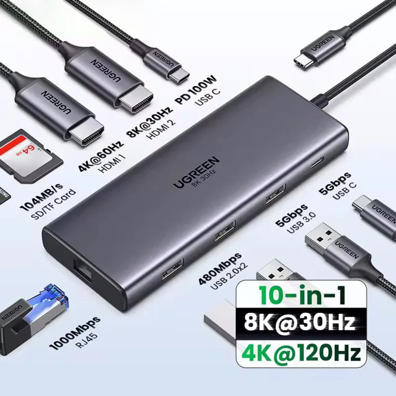UGREEN 15534 USB-C Hub 8K / 4K HD RJ45 USB 3.0 PD 100W 10 in 1 Aluminum Alloy Adapter