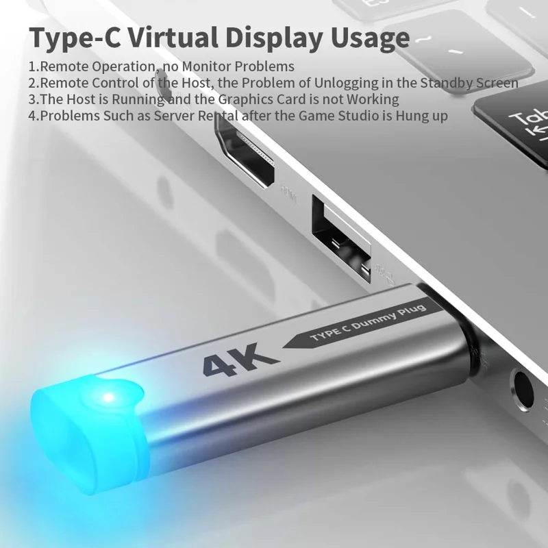 Adaptador de Exibição Virtual Tipo-C 4K 60Hz para Laptops e Computadores Desktop com USB4 Thunderbolt 3 / 4, Emulador de GPU EDID - Cinza
