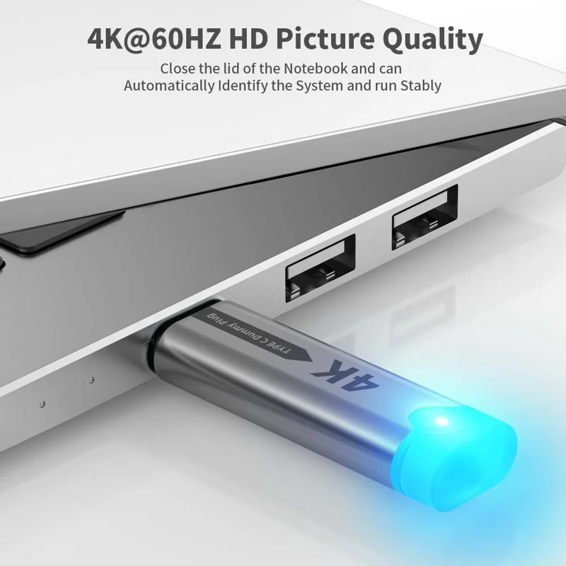 Adaptador de Exibição Virtual Tipo-C 4K 60Hz para Laptops e Computadores Desktop com USB4 Thunderbolt 3 / 4, Emulador de GPU EDID - Cinza