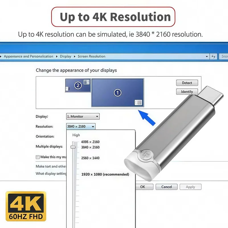 Adaptador de Exibição Virtual Tipo-C 4K 60Hz para Laptops e Computadores Desktop com USB4 Thunderbolt 3 / 4, Emulador de GPU EDID - Cinza