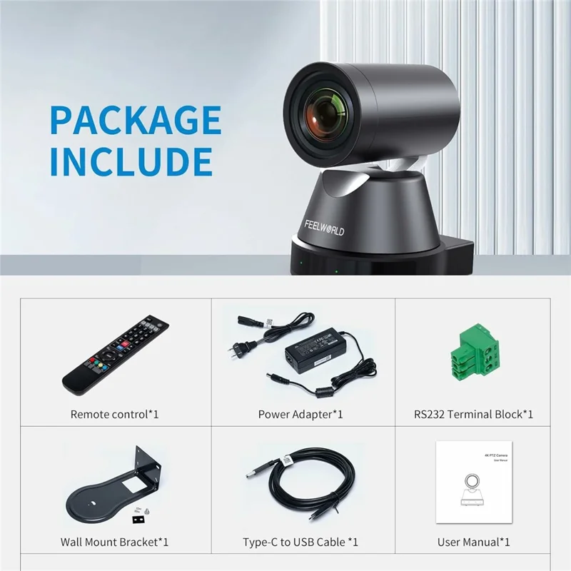 FEELWORLD 4K PTZ Camera 12X Optical Zoom AI Person Tracking Camera HD  /  USB  /  LAN Output - US Plug