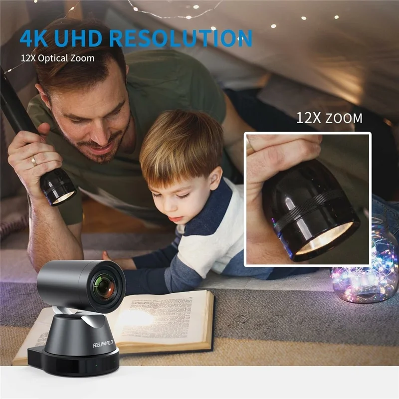 FEELWORLD 4K PTZ Camera 12X Optical Zoom AI Person Tracking Camera HD  /  USB  /  LAN Output - US Plug