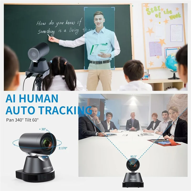 FEELWORLD 4K PTZ Camera 12X Optical Zoom AI Person Tracking Camera HD  /  USB  /  LAN Output - US Plug