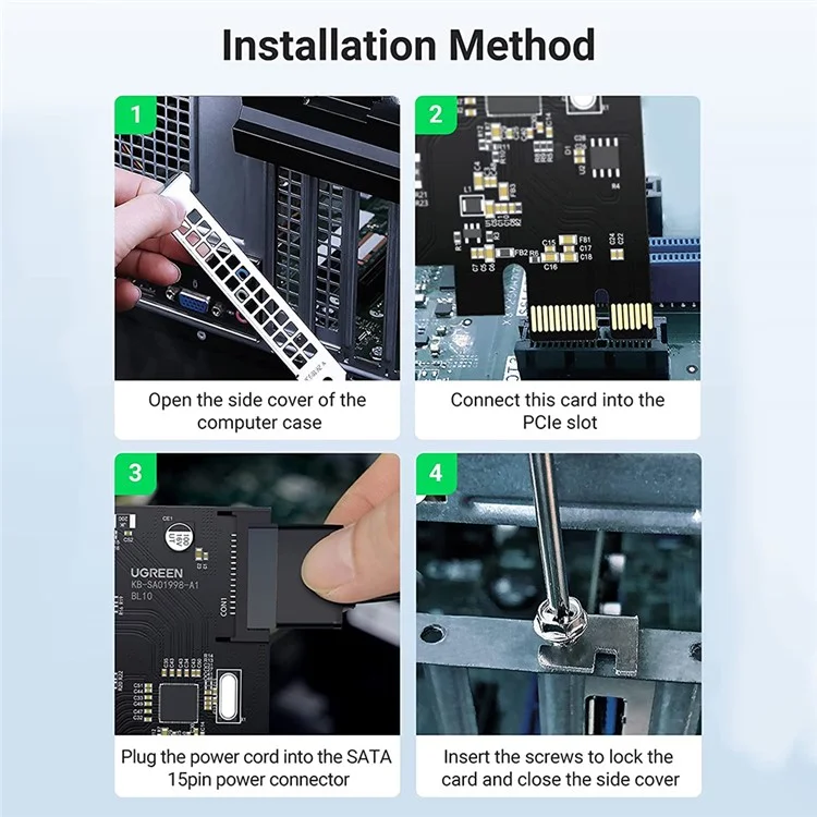 UGREEN 30716 USB 3.0 Tarjeta de Expansión PCIe PCIe de 4 Puertos PCIe al Adaptador USB Con Conector de Alimentación SATA de 15 Pines Para el Host PC Compatible Con Windows 10/8/7/XP/Vista