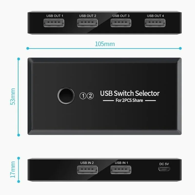 KY23 Sélecteur de Commutateur KVM USB 2.0, Répartiteur Commutateur 2 Entrées 4 Sorties pour Partage d'Ordinateur, Hub pour Imprimante, Clavier, Souris, Clé USB