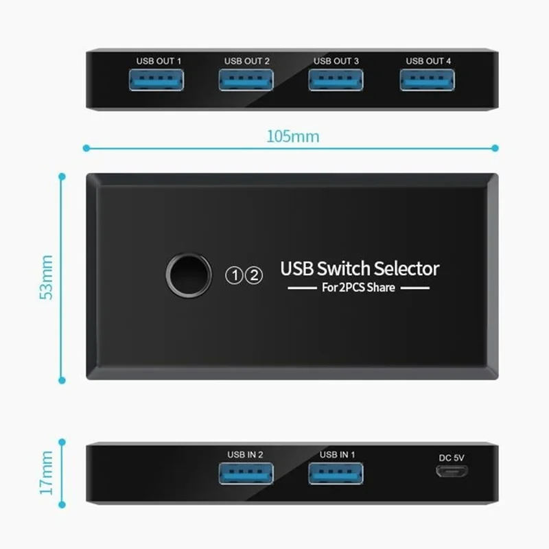 KY03 Sélecteur de Commutateur USB 3.0 KVM 2 Entrées 4 Sorties Partagé Hub pour Imprimante Souris Clavier - Noir