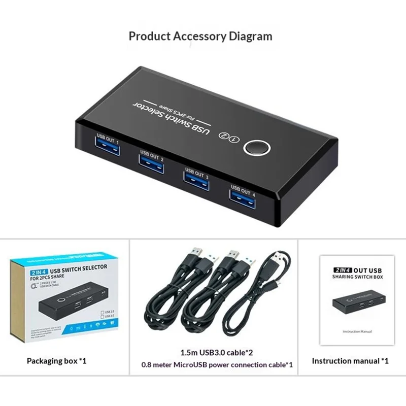 KY03 Sélecteur de Commutateur USB 3.0 KVM 2 Entrées 4 Sorties Partagé Hub pour Imprimante Souris Clavier - Noir