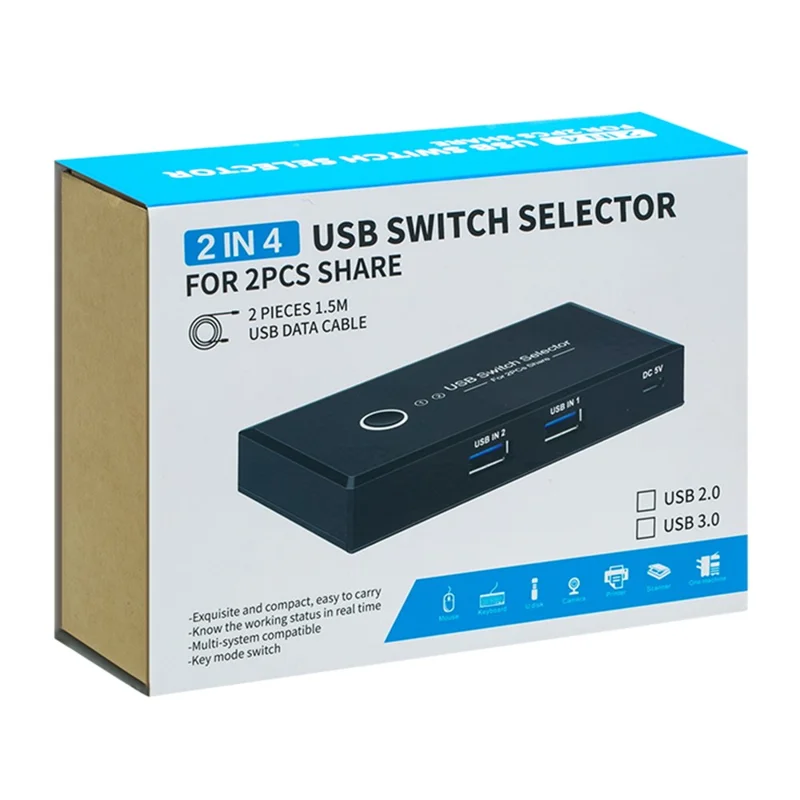 KY03 Sélecteur de Commutateur USB 3.0 KVM 2 Entrées 4 Sorties Partagé Hub pour Imprimante Souris Clavier - Noir