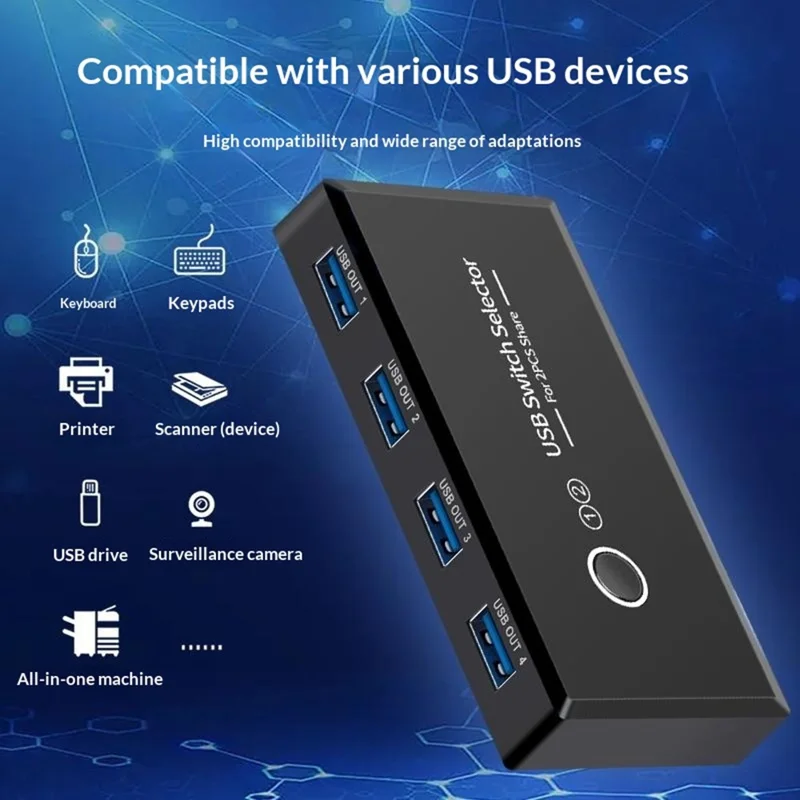 KY03 Sélecteur de Commutateur USB 3.0 KVM 2 Entrées 4 Sorties Partagé Hub pour Imprimante Souris Clavier - Noir