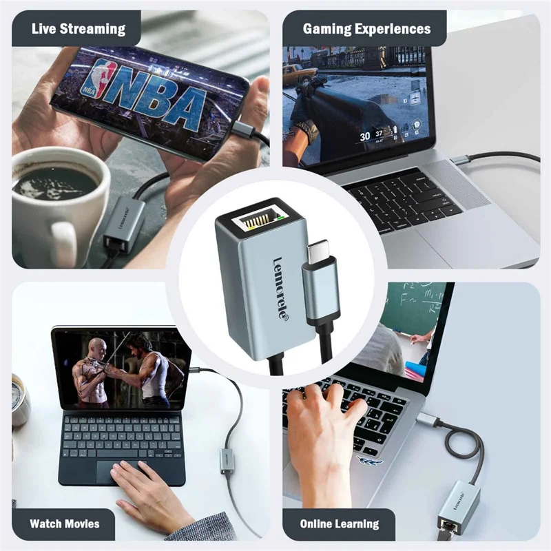 LEMORELE TC48 USB-C to Ethernet Adapter Gigabit RJ45 Network Converter for Laptop Tablet Phone - Silver Grey