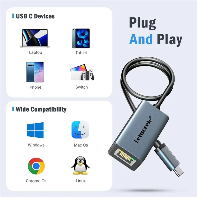 LEMORELE TC48 USB-C to Ethernet Adapter Gigabit RJ45 Network Converter for Laptop Tablet Phone - Silver Grey