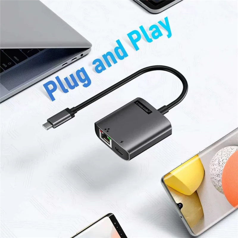 LEMORELE TC35 Adaptador USB-C para Ethernet 2.5G com Hub de Carregamento Rápido PD 100W, Conversor de Rede Gigabit - Preto