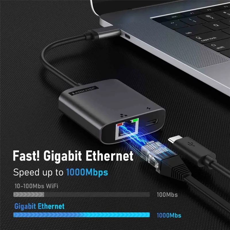 LEMORELE TC35 Adaptador USB-C para Ethernet 2.5G com Hub de Carregamento Rápido PD 100W, Conversor de Rede Gigabit - Preto