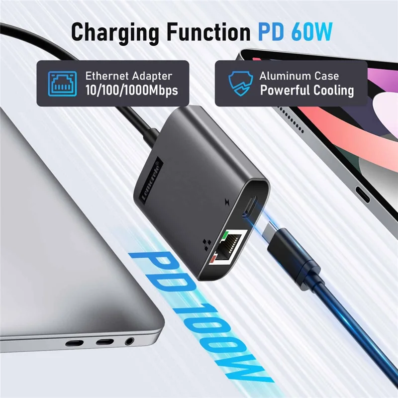 LEMORELE TC35 Adaptador USB-C para Ethernet 2.5G com Hub de Carregamento Rápido PD 100W, Conversor de Rede Gigabit - Preto