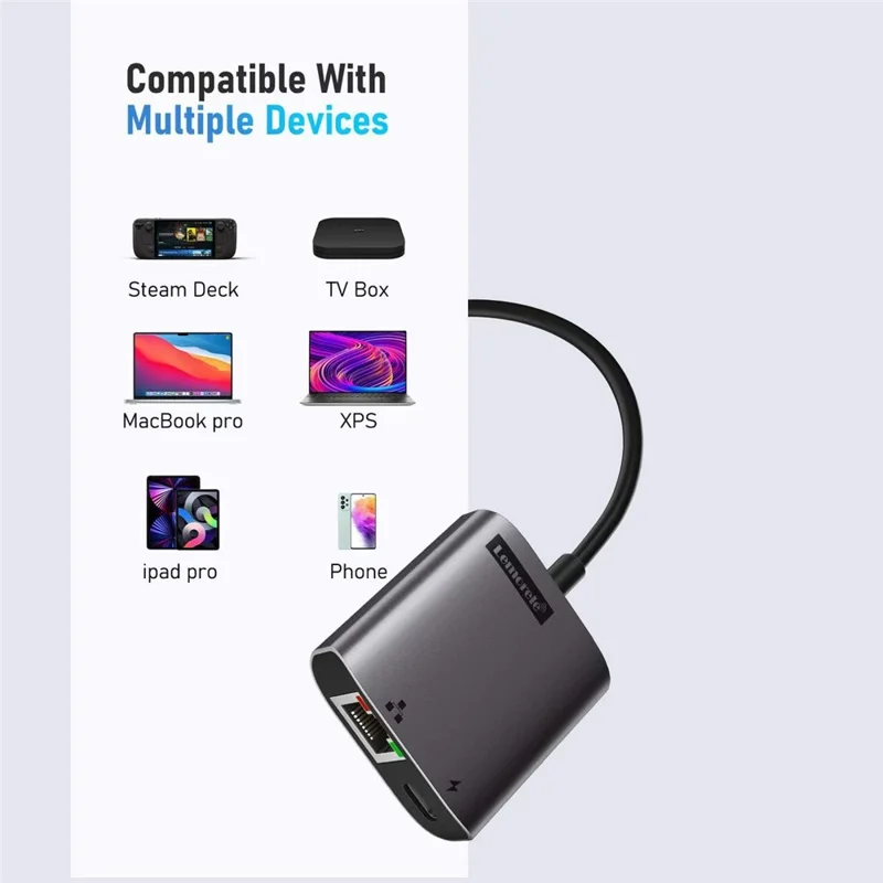 LEMORELE TC35 Adaptador USB-C para Ethernet 2.5G com Hub de Carregamento Rápido PD 100W, Conversor de Rede Gigabit - Preto