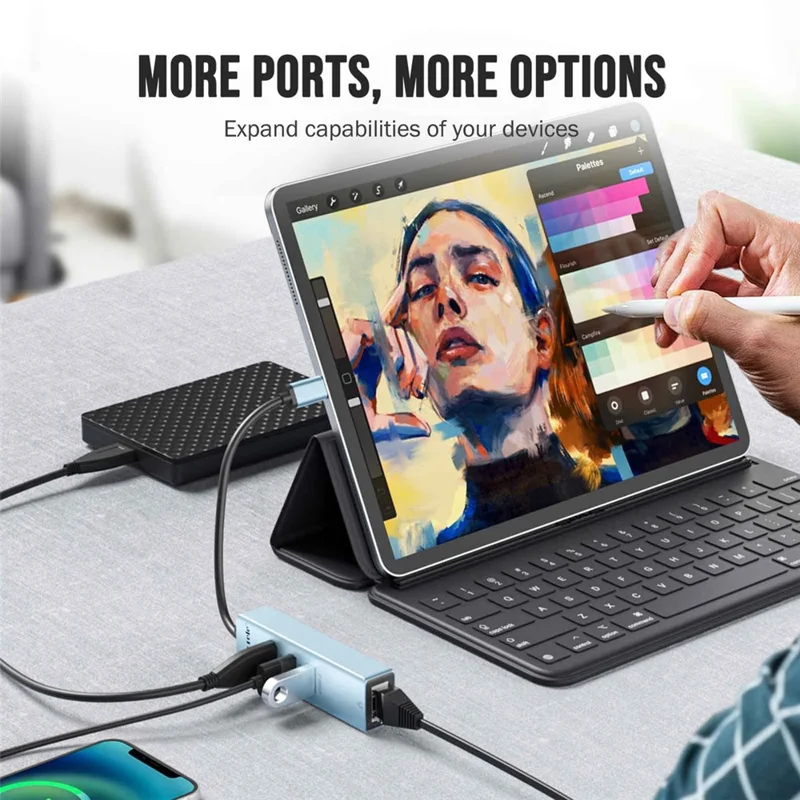 LEMORELE TC43L 4 in 1 USB-C Hub with USB 3.0 + 2 USB 2.0 + RJ45 Gigabit Ethernet Adapter for Laptop MacBook - Silver Green