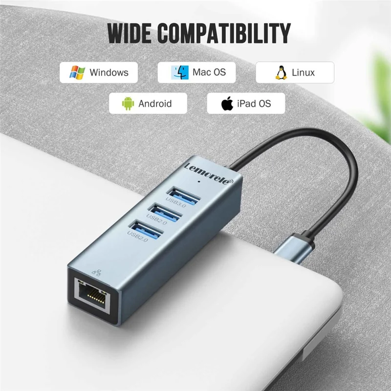 LEMORELE TC43L 4 in 1 USB-C Hub with USB 3.0 + 2 USB 2.0 + RJ45 Gigabit Ethernet Adapter for Laptop MacBook - Silver Green