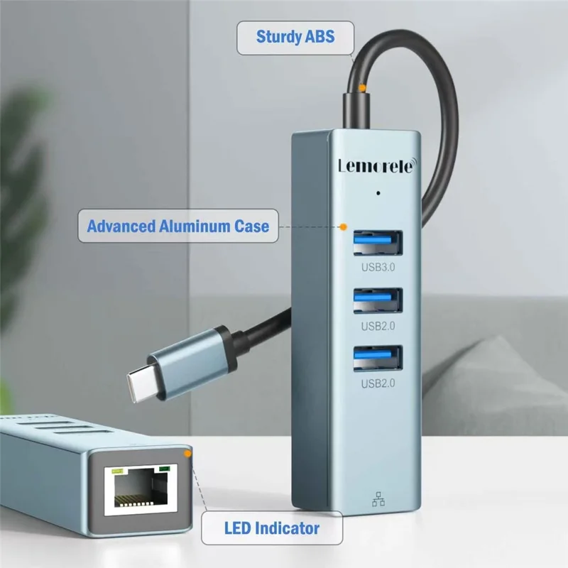 LEMORELE TC43L 4 in 1 USB-C Hub with USB 3.0 + 2 USB 2.0 + RJ45 Gigabit Ethernet Adapter for Laptop MacBook - Silver Green