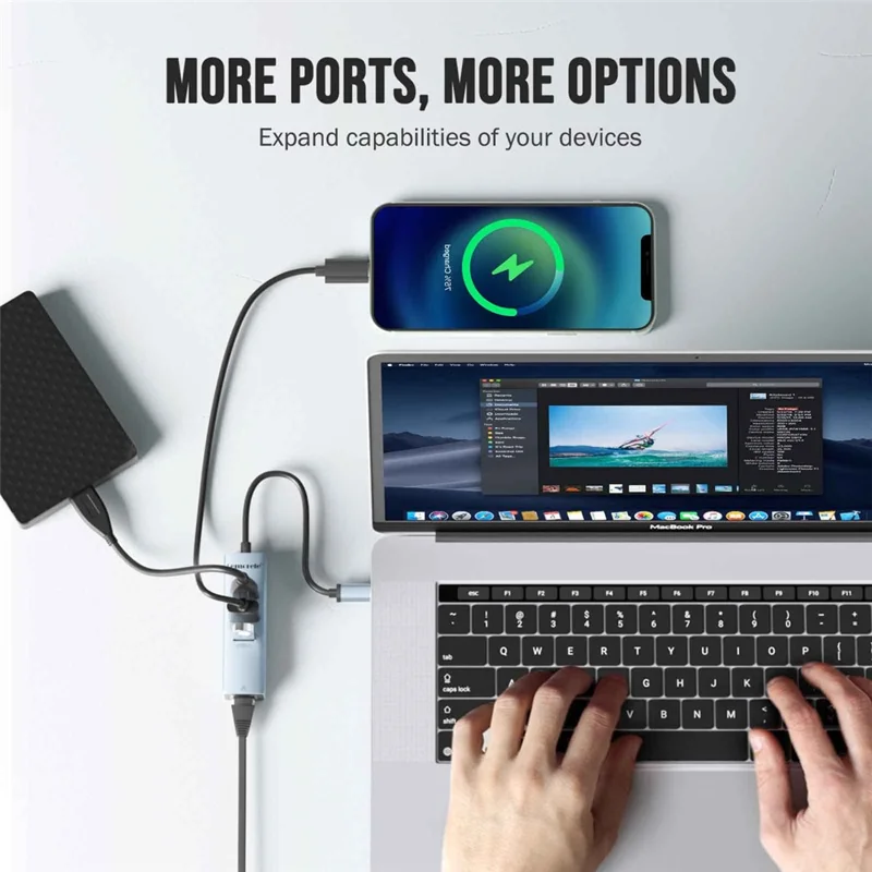 LEMORELE TC43L 4 in 1 USB-C Hub with USB 3.0 + 2 USB 2.0 + RJ45 Gigabit Ethernet Adapter for Laptop MacBook - Silver Green
