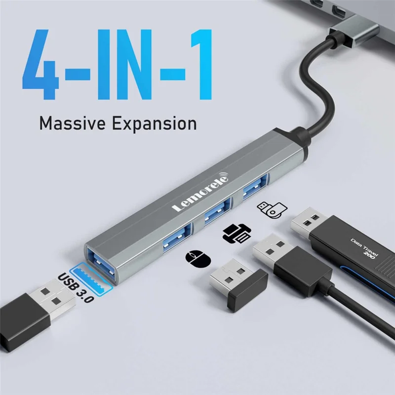 LEMORELE TC53 4 in 1 USB 3.0 Hub Aluminum Alloy 4-Port Expander Adapter for Laptop - Silver Grey