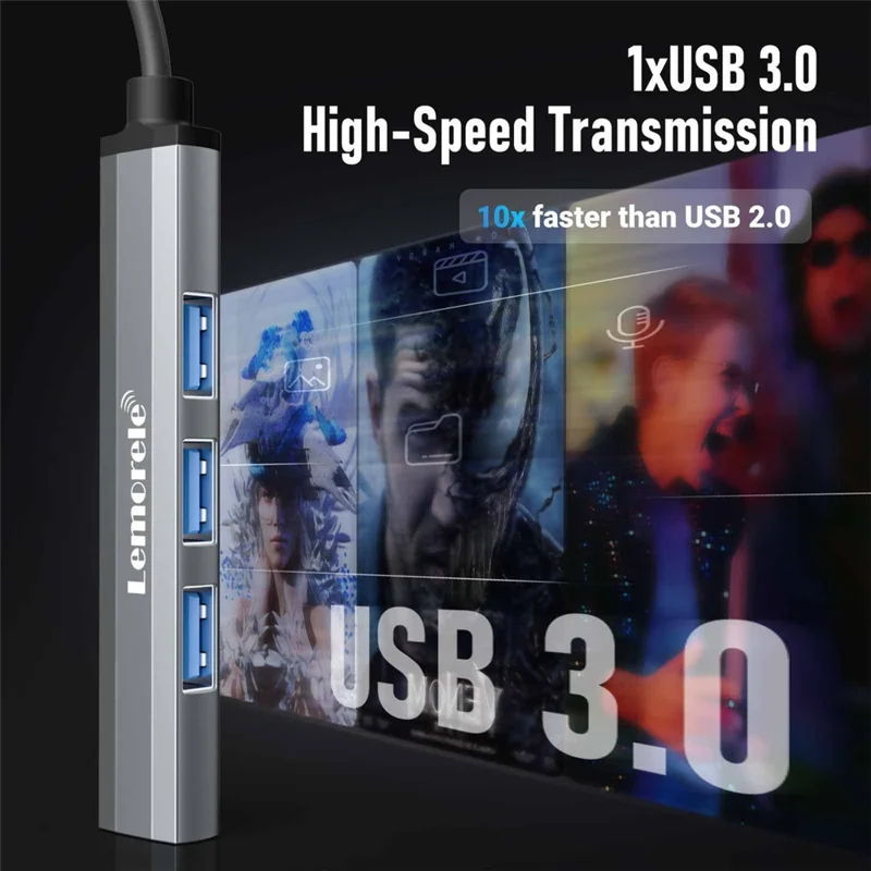 LEMORELE TC53 4 in 1 USB 3.0 Hub Aluminum Alloy 4-Port Expander Adapter for Laptop - Silver Grey