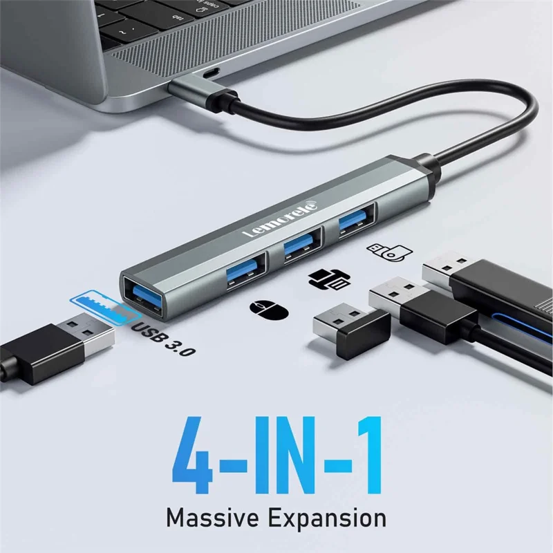 LEMORELE TC57 Портативный USB-C хаб 4-портовый USB 3.0 разветвитель адаптер для ноутбука, док-станция - серо-серебристый