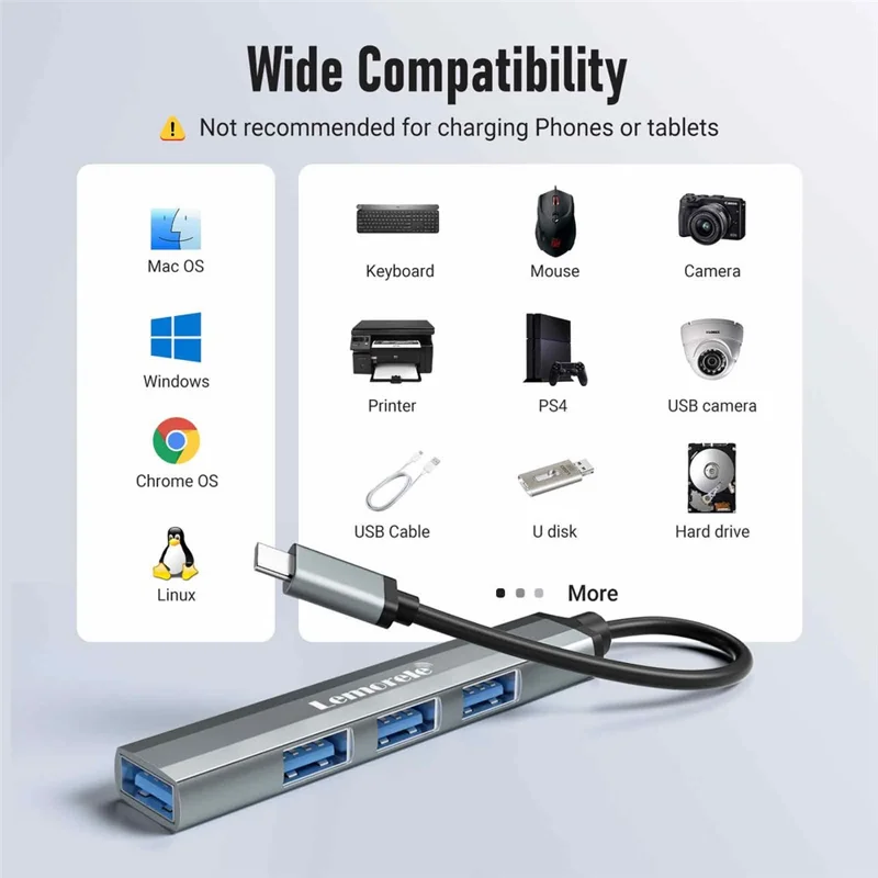 LEMORELE TC57 Портативный USB-C хаб 4-портовый USB 3.0 разветвитель адаптер для ноутбука, док-станция - серо-серебристый