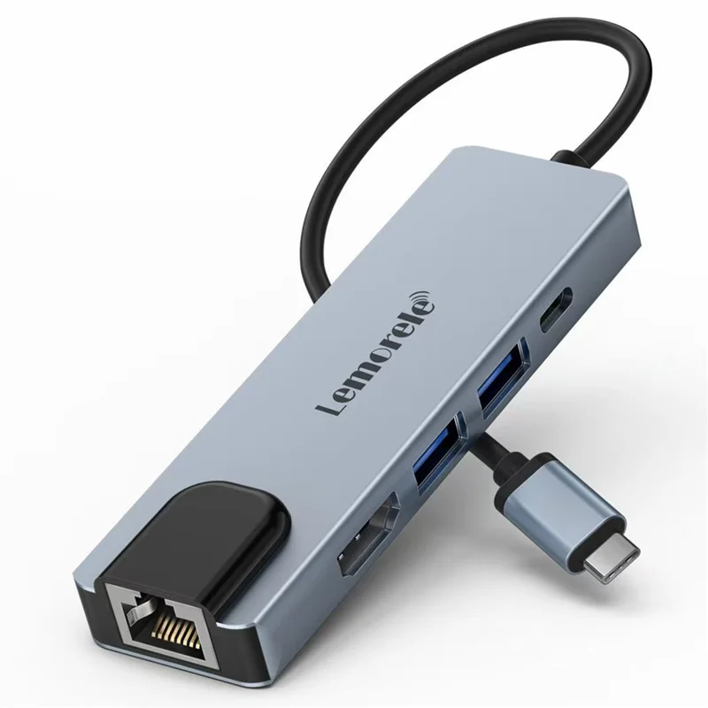 LEMORELE TC15L Plus 5 in 1 USB-C Hub PD 100W Charging USB 3.0 HD RJ45 Ethernet Expansion Dock - Silver Grey