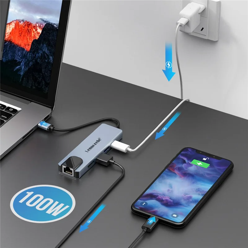 LEMORELE TC15L Plus 5 in 1 USB-C Hub PD 100W Charging USB 3.0 HD RJ45 Ethernet Expansion Dock - Silver Grey