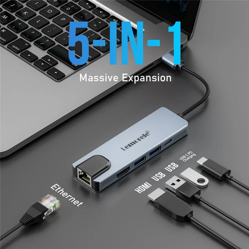 LEMORELE TC15L Plus 5 in 1 USB-C Hub PD 100W Charging USB 3.0 HD RJ45 Ethernet Expansion Dock - Silver Grey
