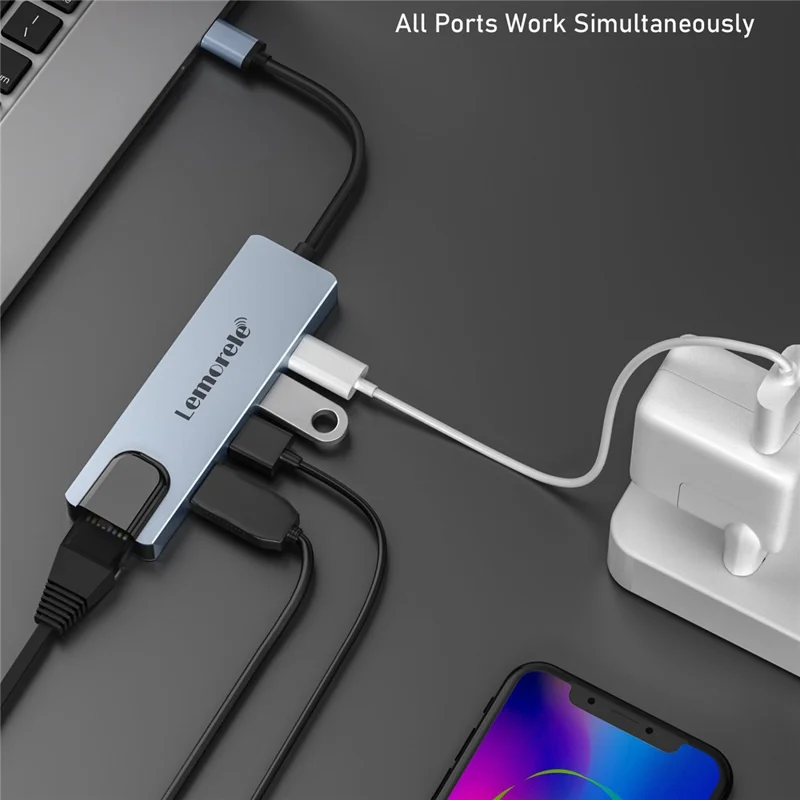 LEMORELE TC15L Plus 5 in 1 USB-C Hub PD 100W Charging USB 3.0 HD RJ45 Ethernet Expansion Dock - Silver Grey