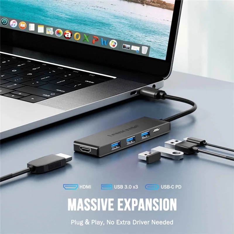 LEMORELE TC22L 5 in 1 USB-C Hub PD 100W Charging 4K / 30Hz HD 3x USB 3.0 Expansion Dock - Black