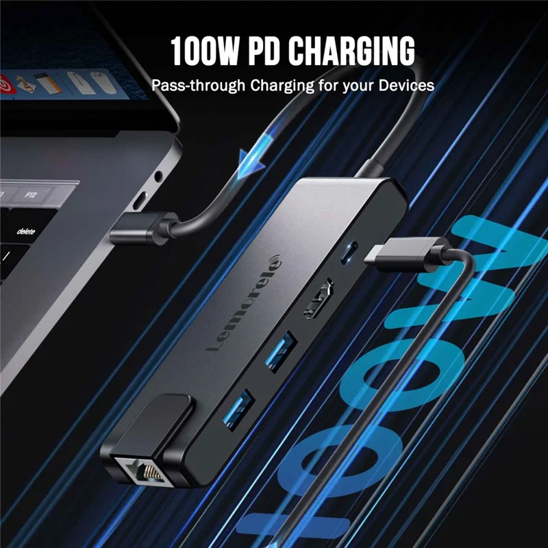 LEMORELE TC24L 5 in 1 USB-C Hub PD 100W Charging 4K HD Gigabit Ethernet Expansion Dock - Black