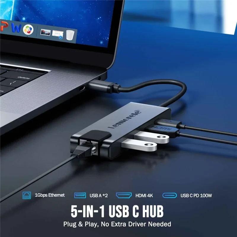 LEMORELE TC24L 5 in 1 USB-C Hub PD 100W Charging 4K HD Gigabit Ethernet Expansion Dock - Black