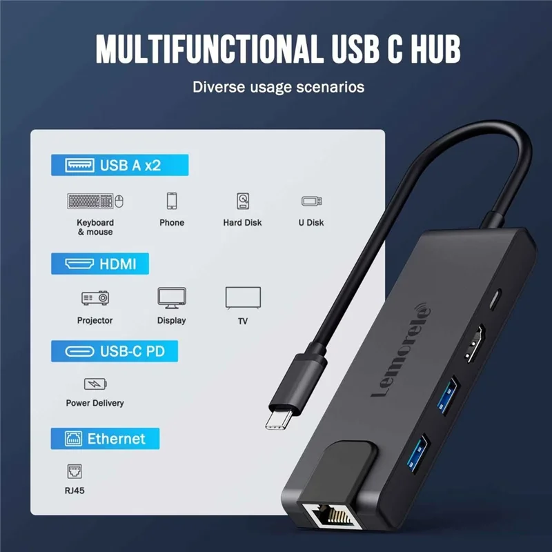 LEMORELE TC24L 5 in 1 USB-C Hub PD 100W Charging 4K HD Gigabit Ethernet Expansion Dock - Black