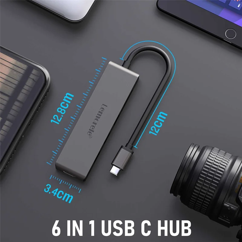 LEMORELE TC23L 6 in 1 USB-C Hub 4K HD 3x USB3.0 Docking Station SD / TF Card Reader - Black