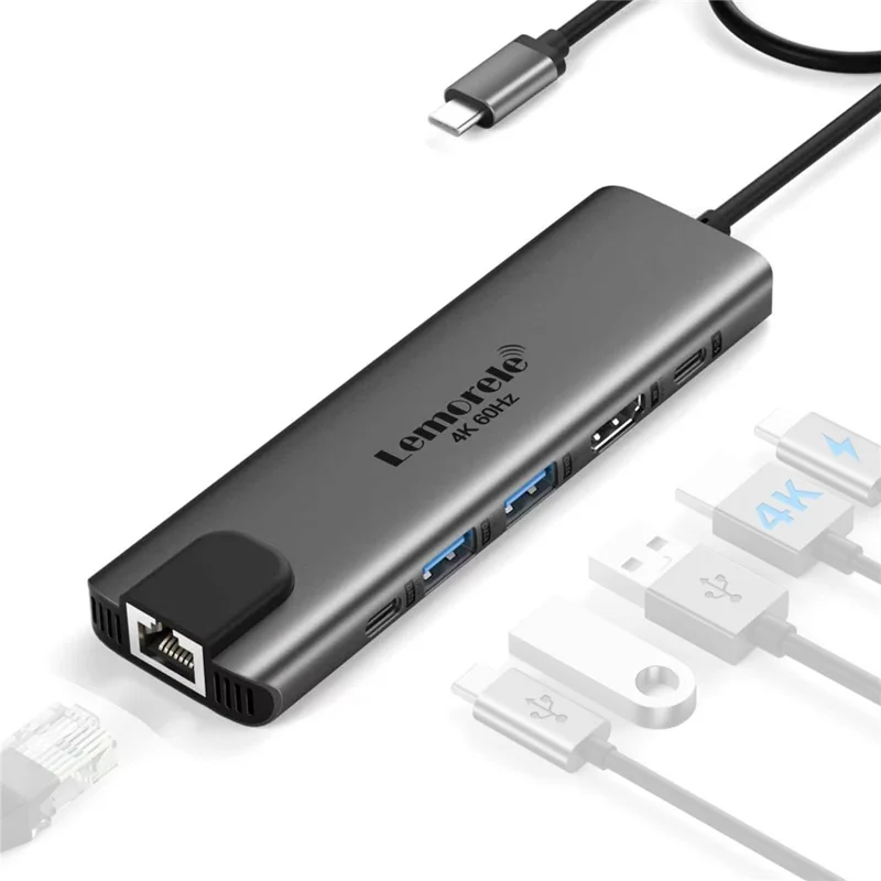 LEMORELE TC44L 6 in 1 USB-C Hub PD 100W Charging 4K / 60Hz HD Ethernet USB 3.0 Multi-port Adapter - Black