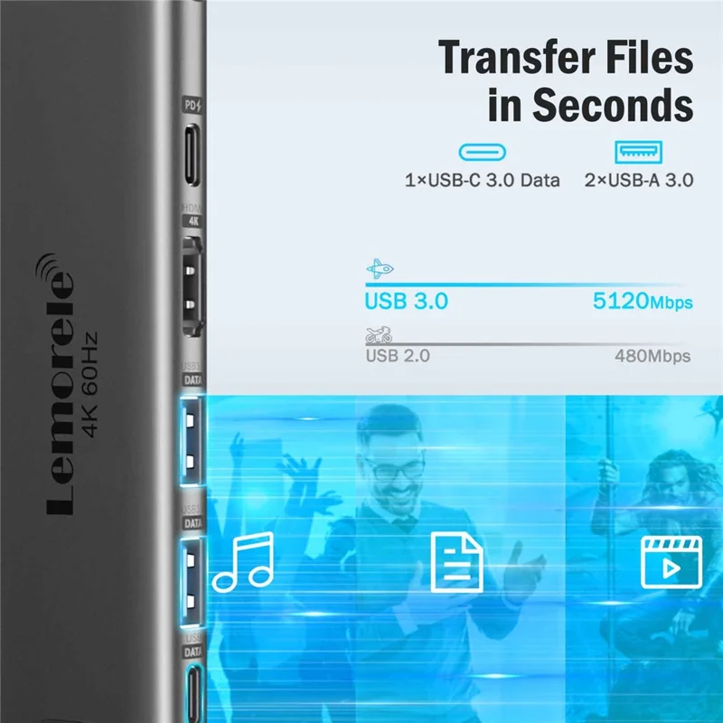LEMORELE TC44L 6 in 1 USB-C Hub PD 100W Charging 4K / 60Hz HD Ethernet USB 3.0 Multi-port Adapter - Black
