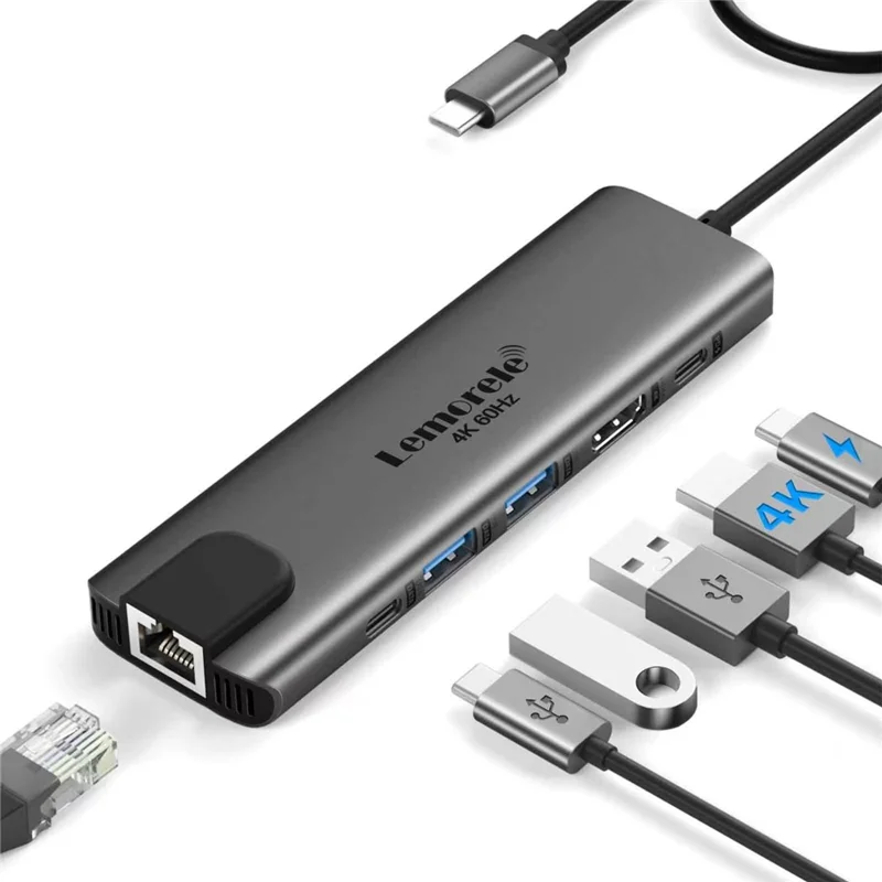 LEMORELE TC44L 6 in 1 USB-C Hub PD 100W Charging 4K / 60Hz HD Ethernet USB 3.0 Multi-port Adapter - Black