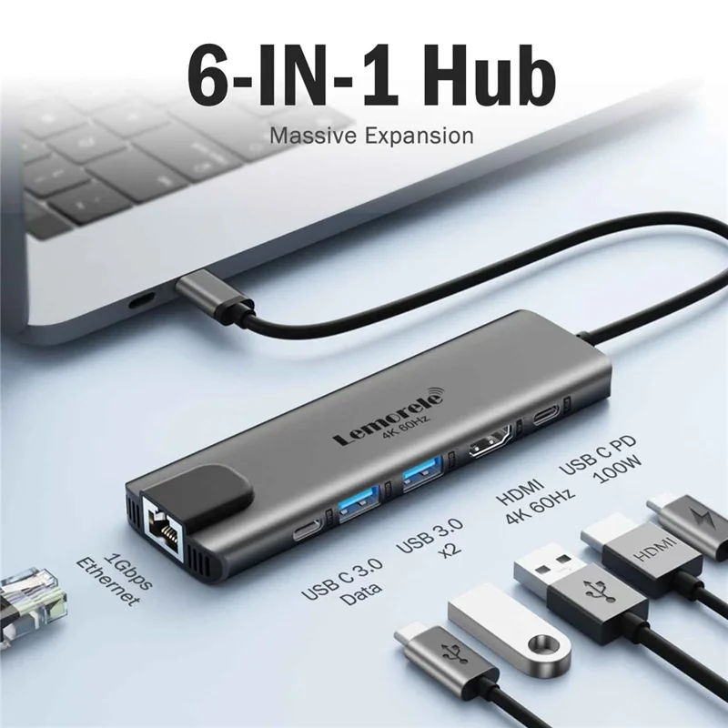 LEMORELE TC44L 6 in 1 USB-C Hub PD 100W Charging 4K / 60Hz HD Ethernet USB 3.0 Multi-port Adapter - Black