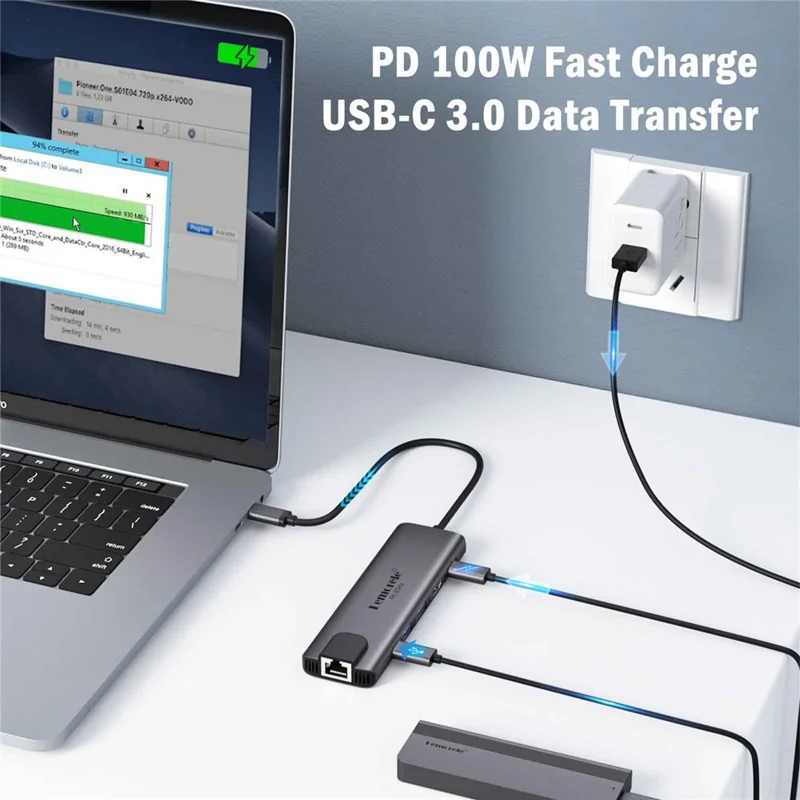 LEMORELE TC44L 6 in 1 USB-C Hub PD 100W Charging 4K / 60Hz HD Ethernet USB 3.0 Multi-port Adapter - Black