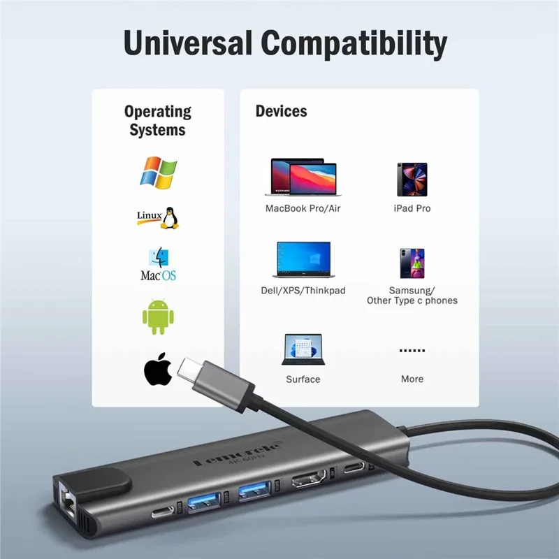 LEMORELE TC44L 6 in 1 USB-C Hub PD 100W Charging 4K / 60Hz HD Ethernet USB 3.0 Multi-port Adapter - Black