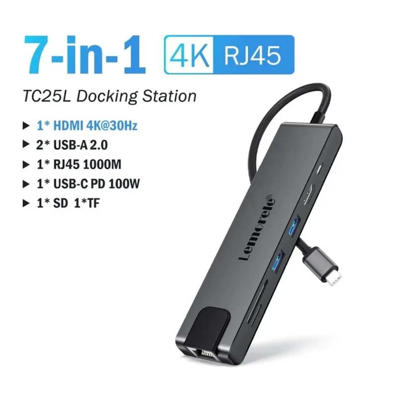 LEMORELE TC25L USB-C Hub 7-in-1 Docking Station PD 100W Charging RJ45 Ethernet 4K HD USB 2.0 Multi-port Adapter - Grey