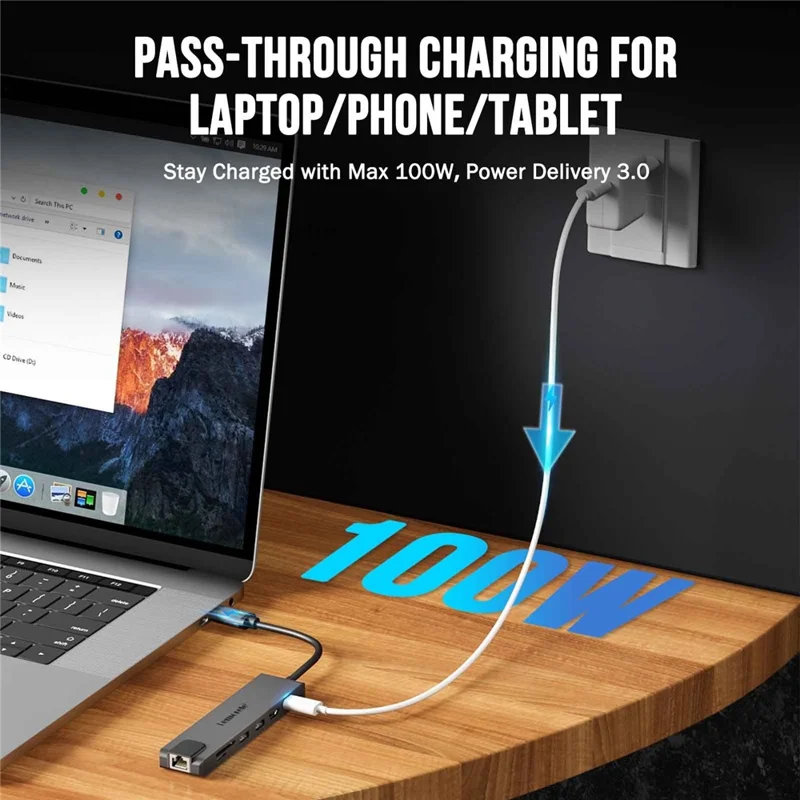 LEMORELE TC25L USB-C Hub 7-in-1 Docking Station PD 100W Charging RJ45 Ethernet 4K HD USB 2.0 Multi-port Adapter - Grey