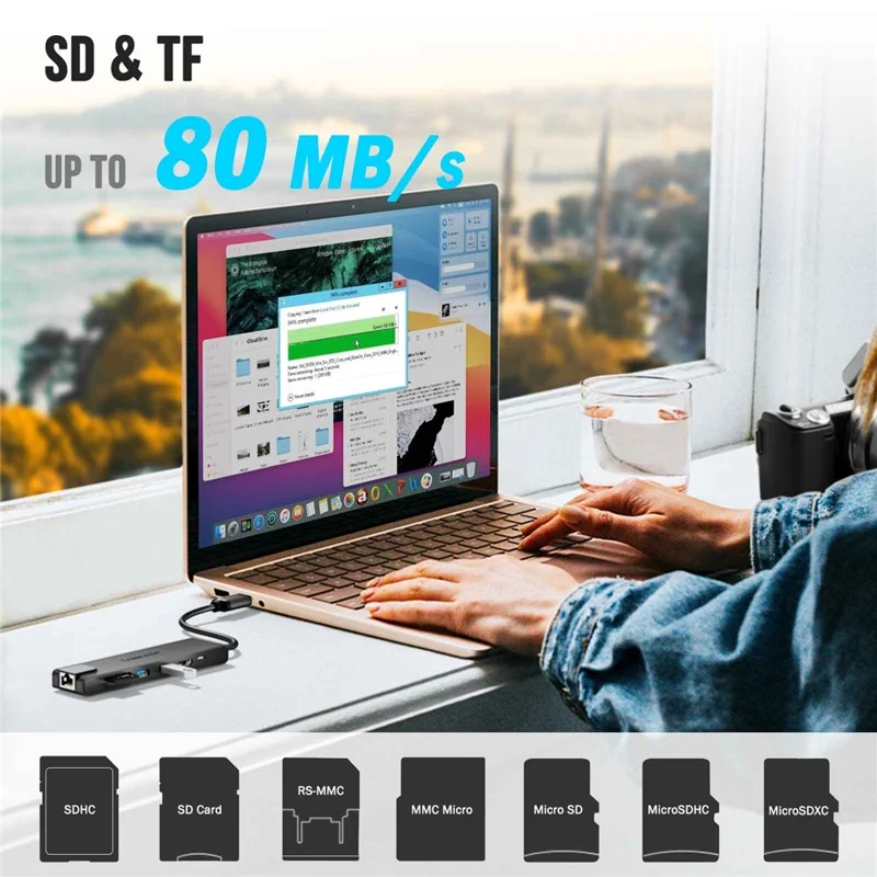 LEMORELE TC25L USB-C Hub 7-in-1 Docking Station PD 100W Charging RJ45 Ethernet 4K HD USB 2.0 Multi-port Adapter - Grey