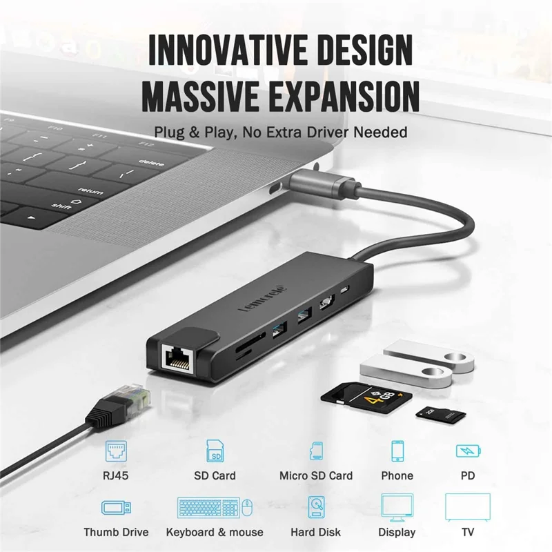 LEMORELE TC25L USB-C Hub 7-in-1 Docking Station PD 100W Charging RJ45 Ethernet 4K HD USB 2.0 Multi-port Adapter - Grey