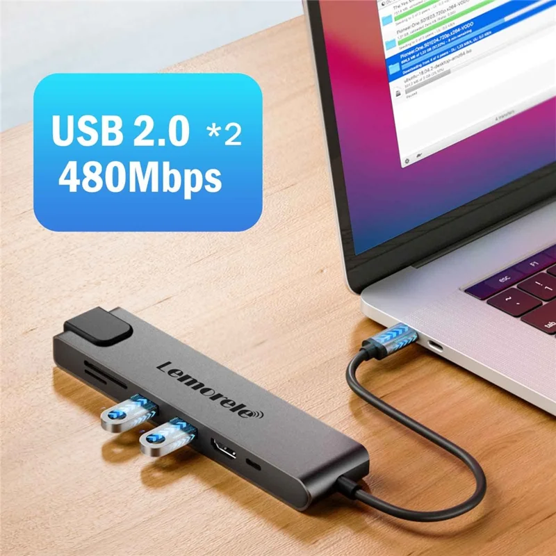 LEMORELE TC25L USB-C Hub 7-in-1 Docking Station PD 100W Charging RJ45 Ethernet 4K HD USB 2.0 Multi-port Adapter - Grey